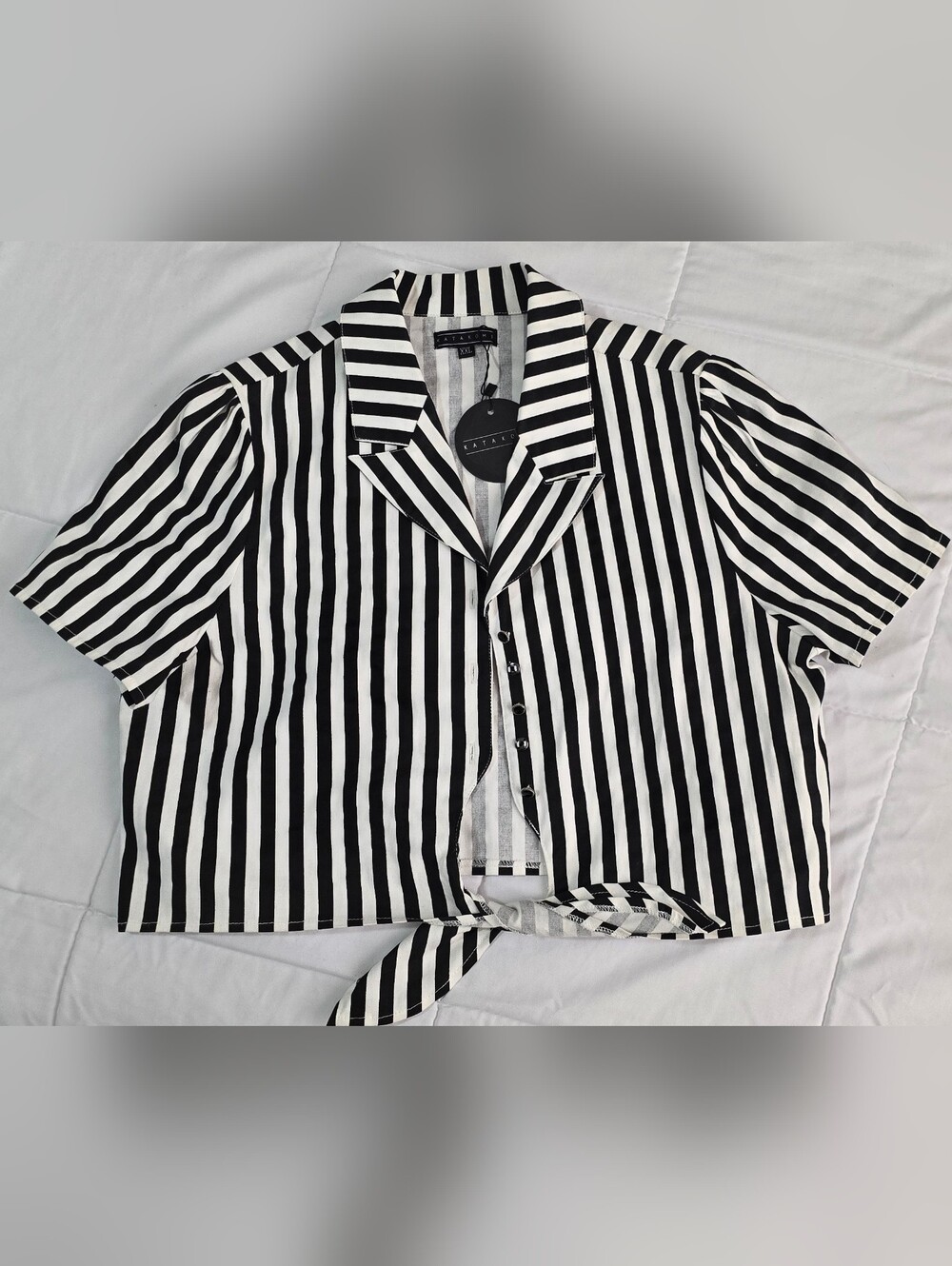 Black & White Vertical Stripe Tie-Front Women's Croptop Shirt